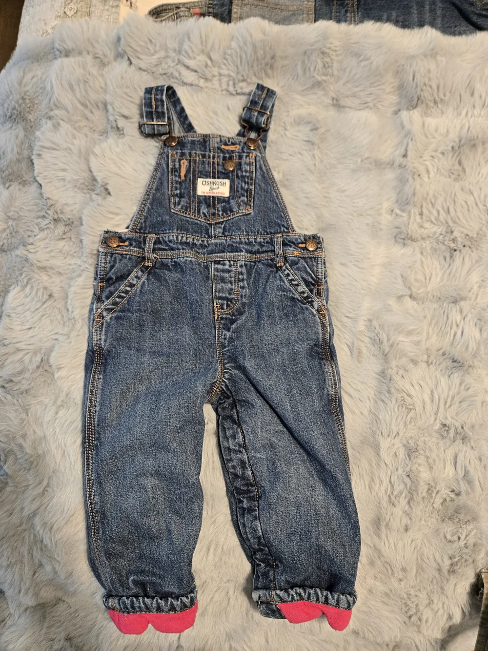 OshKosh B'gosh Hot Pink Fleece Lined Denim Overalls 18M Diaper Snaps